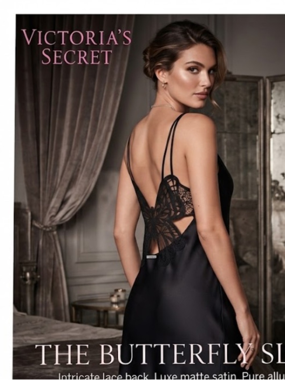 Victoria's Secret Maxi Black Satin Slip with Lace Butterfly Back